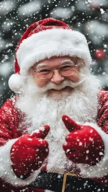 Cheerful Santa in snowfall with glowing festive smile.