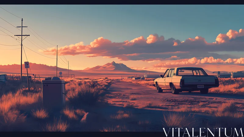 Desert highway sedan at sunset with cinematic long shadows.