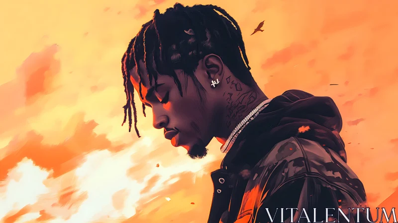 Side-profile digital portrait in dusk-saturated atmosphere.