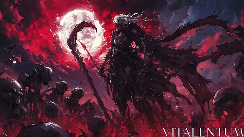 Grim reaper figure under blood red moon in ruins.