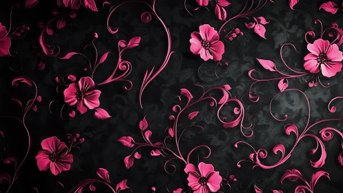 Pink Blooms on Black Baroque Floral Design.