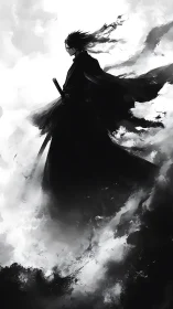 Monochrome swordsman silhouette dissolves into stormlike ink clouds