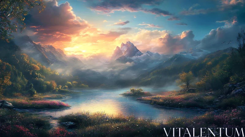 Sunlit mountain valley lake under dramatic clouded sky