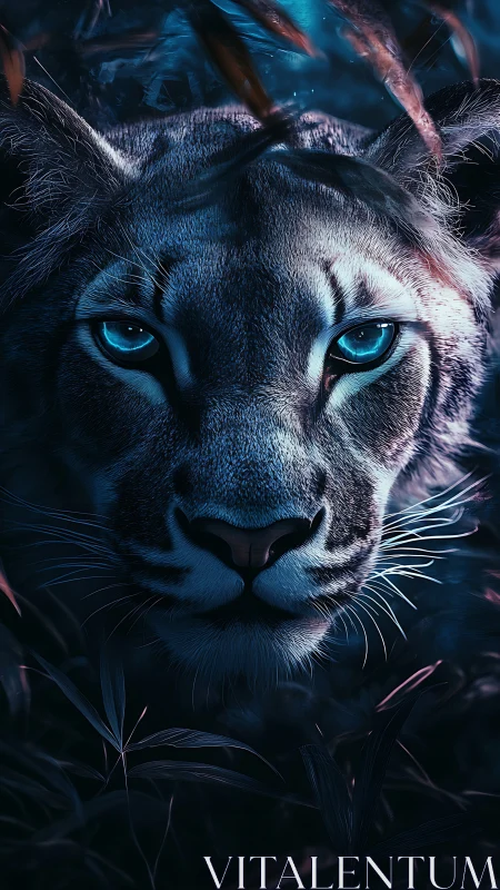 Ethereal Feline Portraiture: Cyan-Eyed Bigcat Digital Rendering.