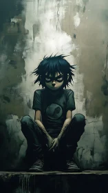 Brooding cartoon youth seated against textured wall.