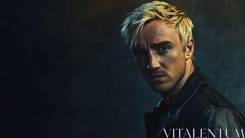 Brooding blond rebel in moody cinematic rim lighting portrait.