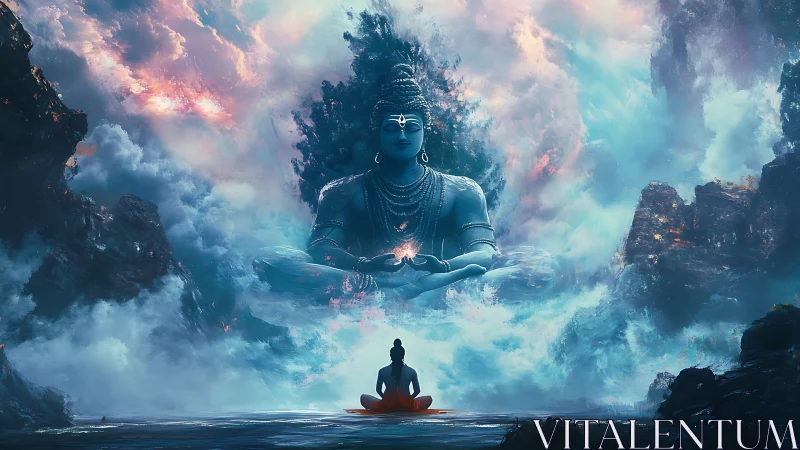 Colossal meditative deity apparition above oceanic clouds.