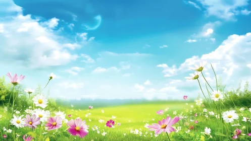 Digital meadow landscape with flowers under blue sky.