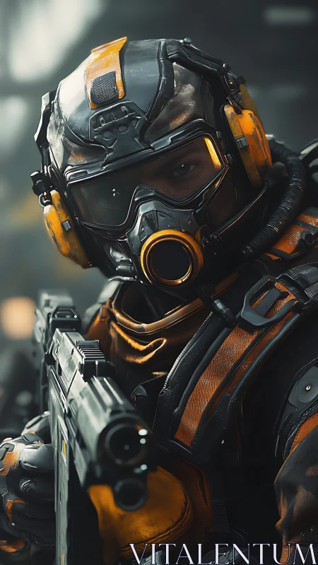 Cyberpunk tactical operator in high-impact portrait framing.