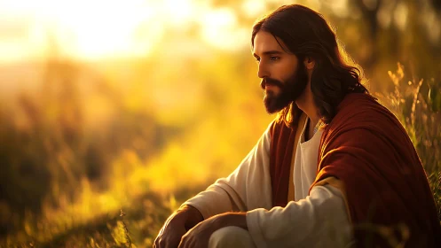 Sunlit robed figure in contemplative pose with warm backlighting