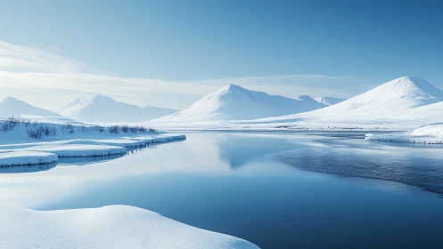 Snow-covered mountain valley with reflective river surface.