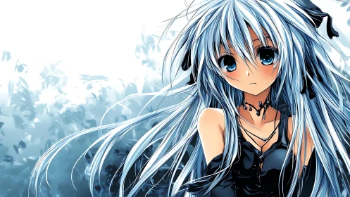 Blue haired anime girl in black dress with abstract background.