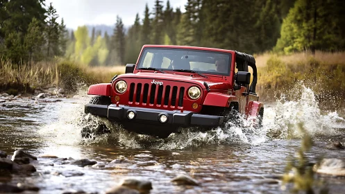 Bold red off road jeep splashes confidently through a river
