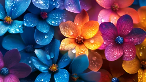 Composite flowers with water droplets across blue, orange, and magenta spectrum.