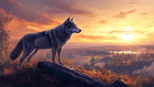 Grey wolf standing over autumn valley at glowing sunset.