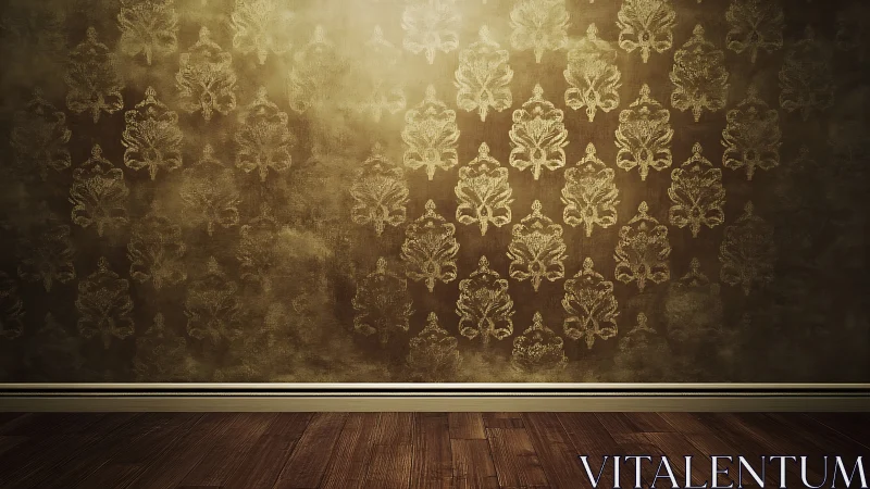 Photorealistic vintage damask wall with hardwood flooring focus.