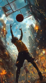 Streetball hero rises through firelit urban chaos skyward.