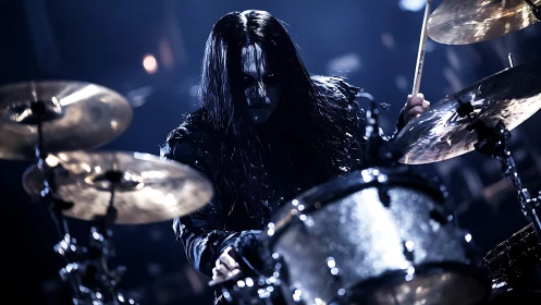 Black metal drummer commands stage under icy blue lights.