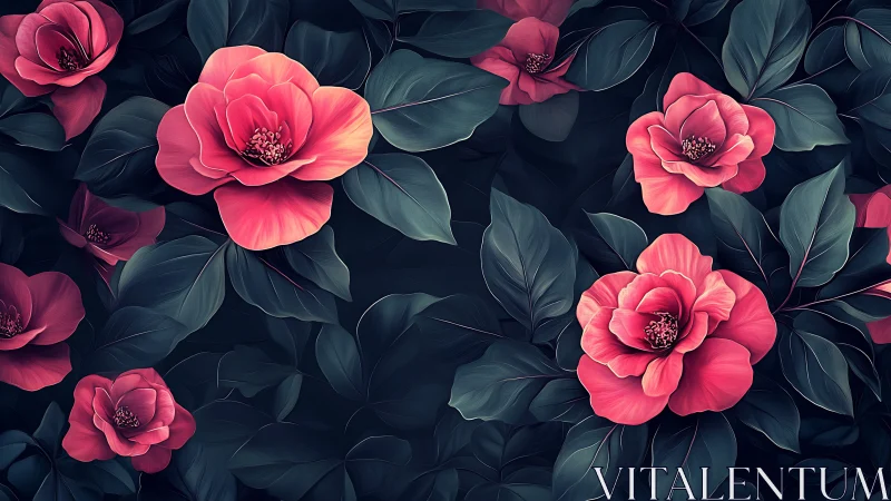 Vibrant Pink Peonies with Deep Teal Foliage Against Dark Background