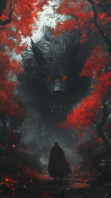 Digital painting of cloaked wanderer under colossal wolf spirit.