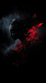 Dark cracked warrior profile dissolves into red shards