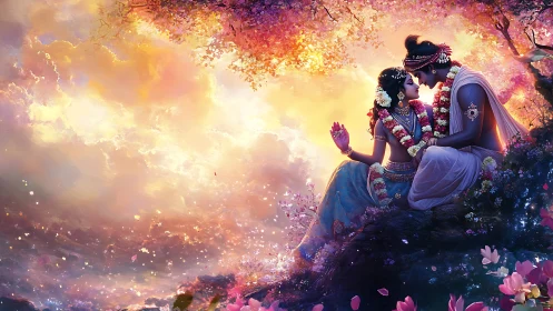 Radiant Garden Romance: Luminous Figures in Mythological Floral Sanctuary.