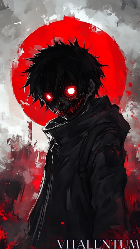 Dark figure with glowing eyes stands before a red circle