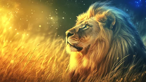Fantasy digital lion portrait with luminous bokeh fields.