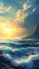 Sunlit storm waves crash toward luminous coastal cliffs.