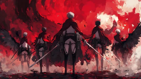 Scarlet cloaks carve bright defiance into the war-torn sky