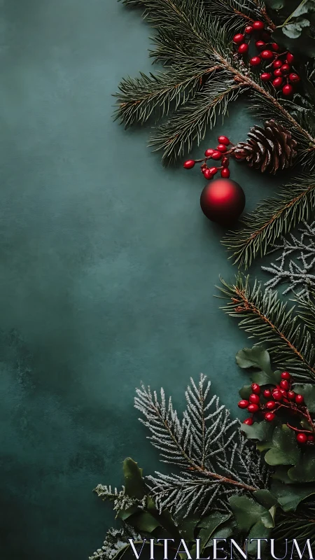 Festive evergreen border with red ornaments on teal backdrop.