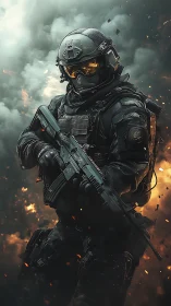 Heavily equipped soldier stands amid dense smoke and fire
