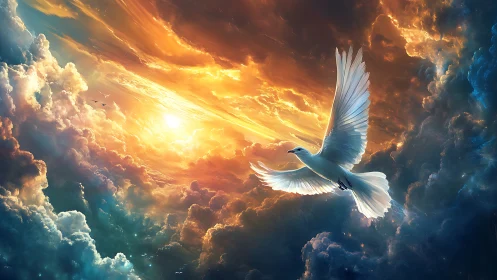White dove soars through blazing sunset storm clouds