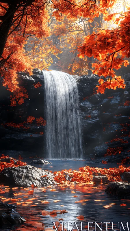 Crimson autumn cascade pouring into a mirror-bright pool.