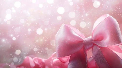 Pink satin ribbon bow on soft abstract bokeh background.