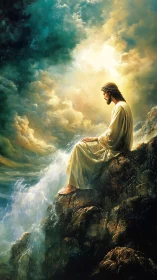 Solitary robed figure illuminated on storm-lashed coastal cliff