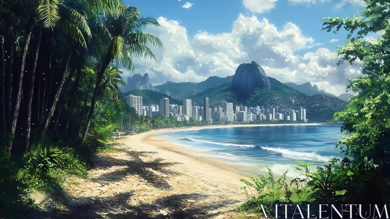 Tropical Coastal Urban Interface: Dense Skyline Framed by Vegetation.