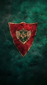 Red medieval shield with winged crest on green stone field.