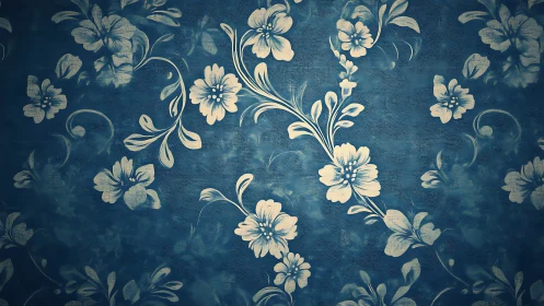 Vintage Floral Wallpaper with Cream Flowers on Deep Blue