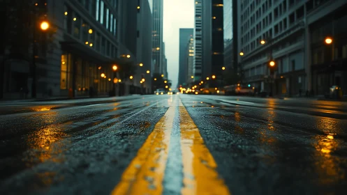 Low-angle rainy city street emphasizes reflective perspective lines