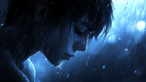 Melancholic profile portrait in blue cinematic downpour.