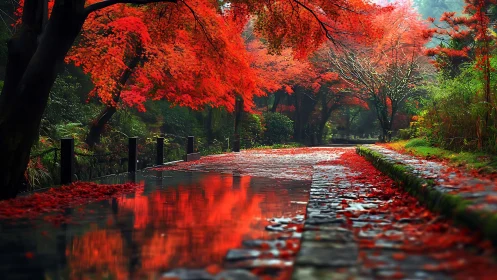 Stone path with red autumn foliage and reflective water surface.
