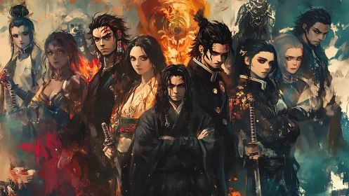 Stormforged samurai ensemble amid swirling elemental fury.