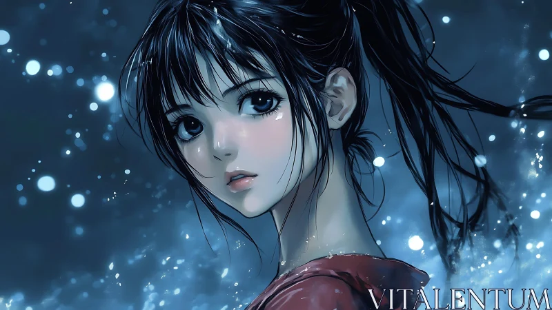 Gazing anime girl in blue night glow with drifting lights.