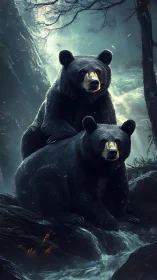 Two black bears rendered in dramatic digital forest lighting