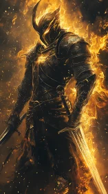 Armored fire warrior with twin swords in molten flames.