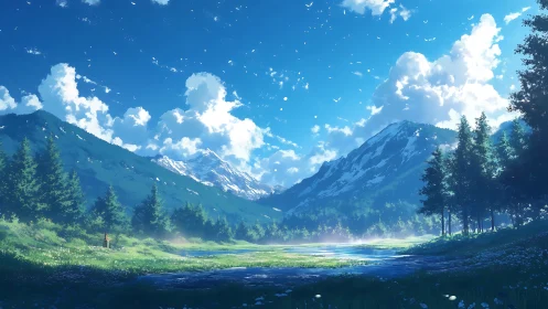 Luminous alpine valley under towering snowlit peaks.