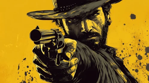 Gunman extends revolver toward viewer against yellow field