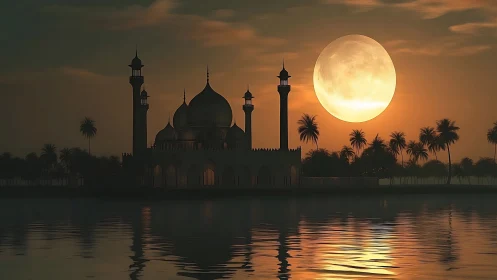 Moonlit mosque silhouette reflects over tranquil waters.