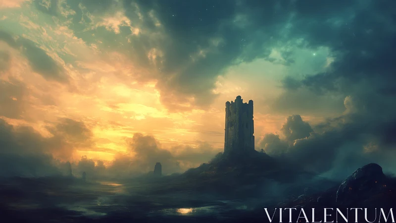 Lonely stone tower at sunset in a misty fantasy landscape.